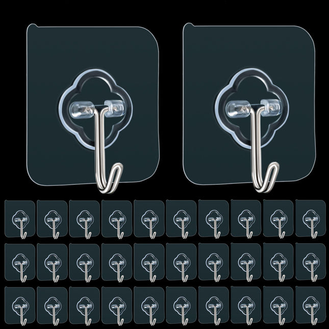 Adhesive Hooks, 32 Pack 33Lb(Max) Sticky Hooks, Transparent Reusable Removable Adhesive Hooks for Hanging, Wall Hooks fo