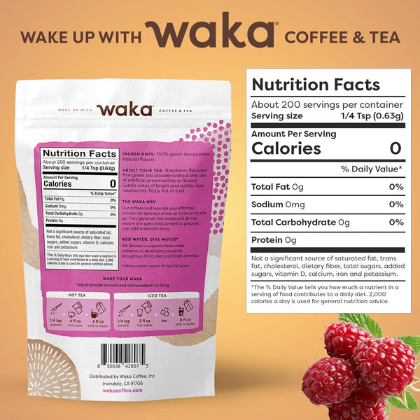 Waka Instant Green Tea Mix, Raspberry Flavored - 100% Tea Leaves, No Additives, Unsweetened Tea Powder in Bulk Pouch â Easy Quick Hot and Iced