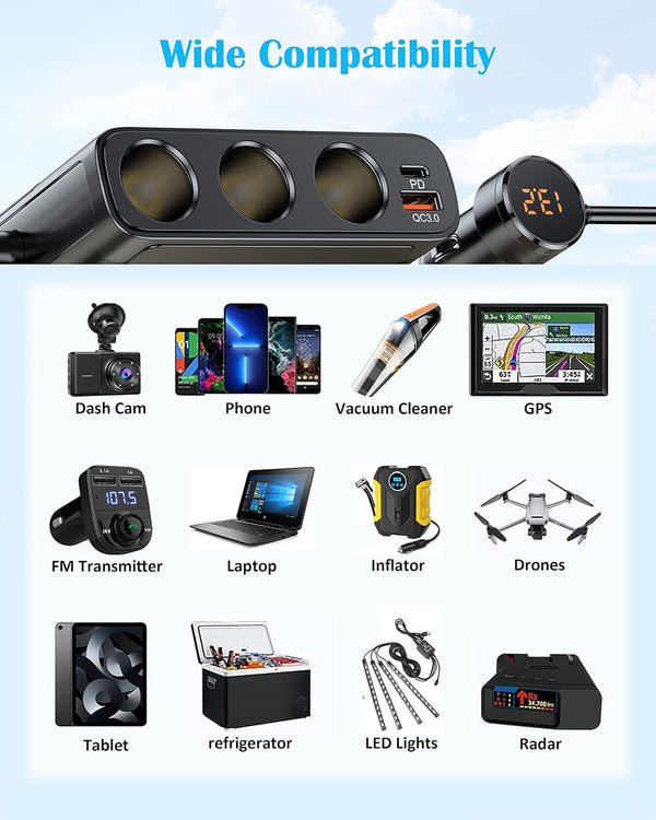7 in 1 Cigarette Lighter Splitter, LIHAN 3 Socket Car Charger Adapter, Type-C QC3.0 PD 30W Charging, Dual USB Charging Ports, Independent