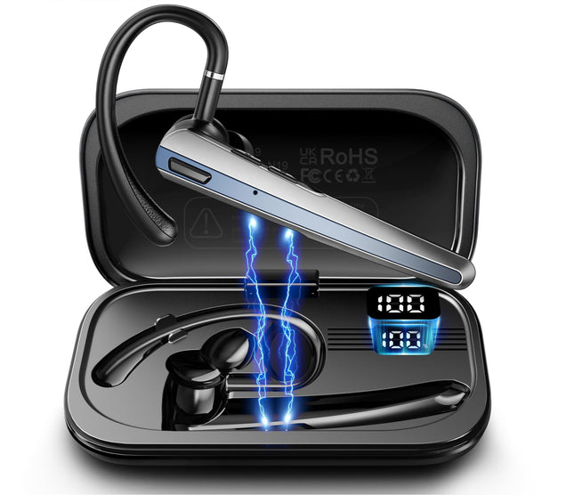 Bluetooth Headset with Microphone, Wireless Earpiece with Charging Case for Cellphones, PC, Single Ear Headset with Mute