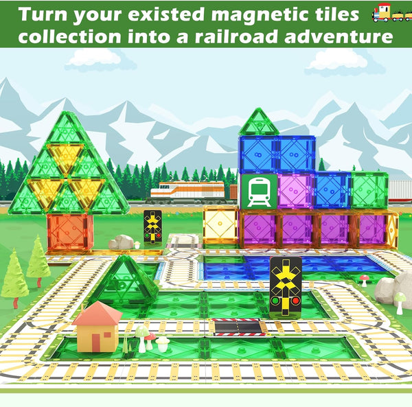 Magnetic Tiles Railroad Toppers Kids Toys Add-on Train Track Playset Playing with Trains Cars Preschool Learning Activities STEM Toys for Age 5-7