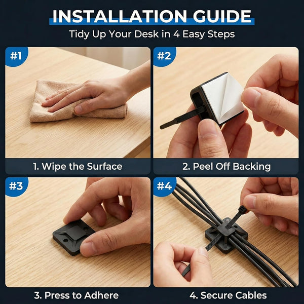 Black Cable Tie Zip Self Adhesive Mounts Set, Cable Base Holders with Multi-Purpose Sticky Pads 100 Set