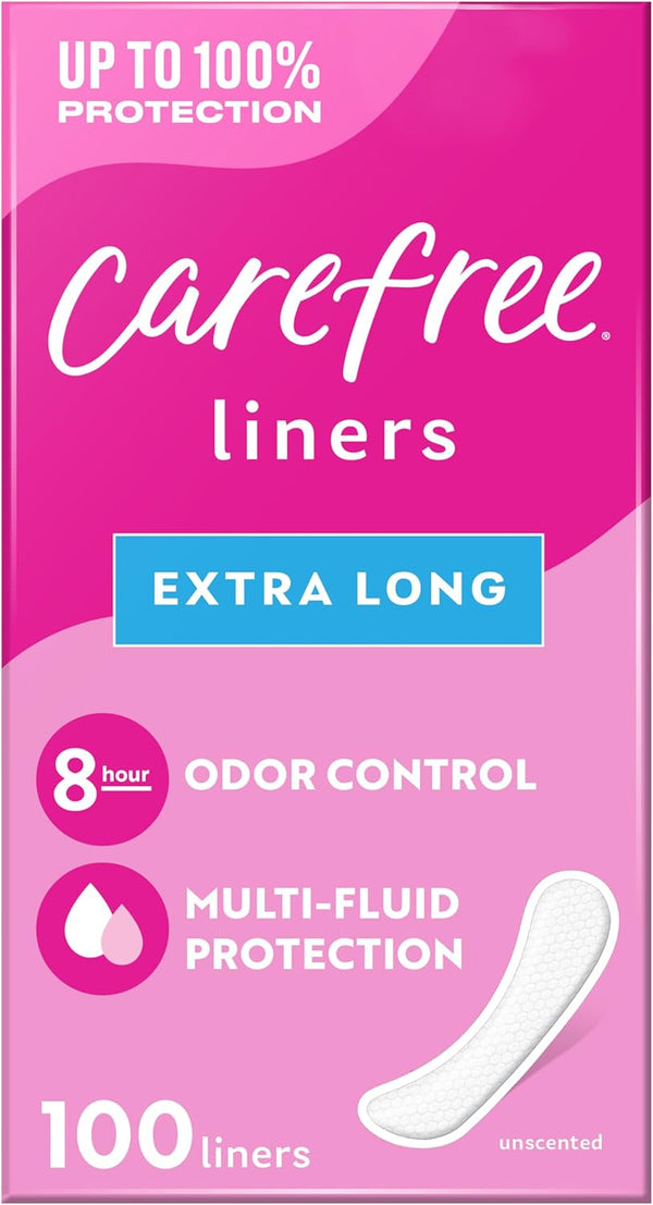 Carefree Panty Liners for Women, Extra Long, Unwrapped, Unscented, 100Ct |Pantiliners, Carefree Liners, Daily Liners for Women, Light Periods and