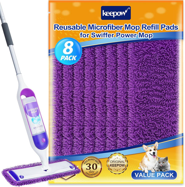 KEEPOW 8 Pack Reusable Pads for Swiffer Power Mop, Refill Pads for Swiffer Power Mop Wood Floor Cleaning, Microfiber Mop Pads for Hardwood Floors