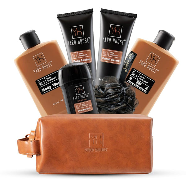 Luxury Mens Bath and Body Gift Set Basket for Him - Smoky Sandalwood - All Natural Skin Care Kit for Men W. Full Size Body Wash, Facial Scrub,