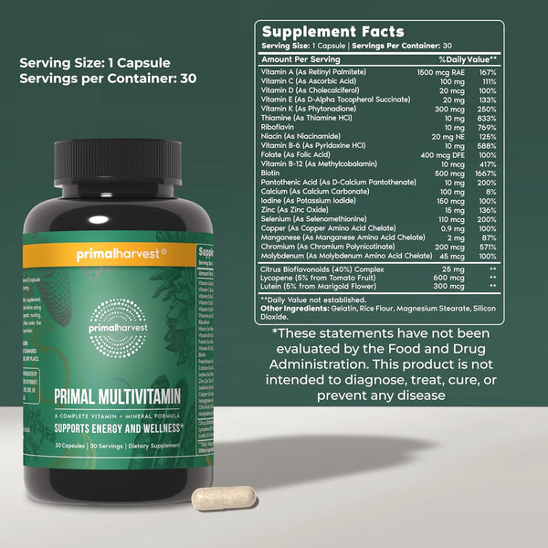 Primal Harvest Primal Multivitamin - Daily Multi-Vitamin Supplement with 21 Essential Vitamins & Minerals for Women & Men - Vitamin A, C, D, E,