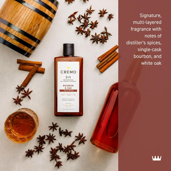 Cremo Bourbon & Oak 2 in 1 Shampoo & Conditioner for Men, a Sophisticated Blend of Distillers Spice, Fine Bourbon and White Oak, 16 Fl Oz