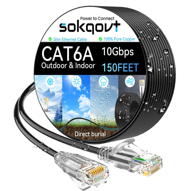 Cat6A Ethernet Cable Slim 150Ft Outdoor&Indoor, 28AWG Pure Copper Cat6 Internet Cable for Waterproof & Direct Burial, Fl