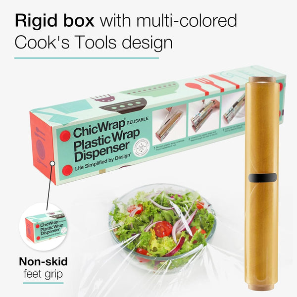 Chicwrap Marble Refillable Plastic Wrap Dispenser - Includes 12" X 250' Roll Professional Grade Disposable Plastic Wrap - Reusable Dispenser