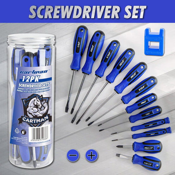 CARTMAN 12 Piece Magnetic Screwdriver Set 6 Phillips and 6 Flat Professional Cushion Grip Hand Tools Set