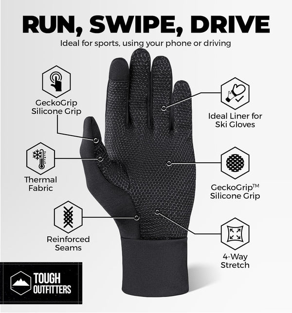Tough Outdoors Running Gloves for Men & Women - Winter Liners & Touchscreen - Lightweight & Hiking Gloves