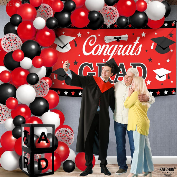 Katchon, Graduation Decorations Class of 2025 Red and Black - Huge, Pack of 76 | Congrats Grad Banner and Graduation Boxes 2025 | Red Balloon Arch