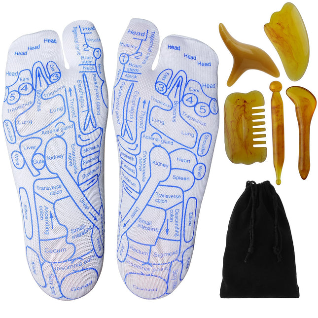 Reflexology Socks with Beginner Acupoint Massage Tools Set of 5 - Foot Pain Relief Remedy for Foot Massage Rod for Women