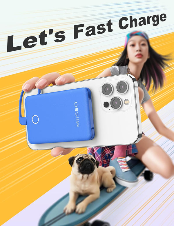 6000Mah Ultra Slim Built in Cables Power Bank, Card Size Built in USB C Cords Battery Pack Portable Charger for Phones, 3 Output External Battery