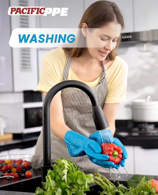 PACIFIC PPE 2 Pairs Reusable Dishwashing Cleaning Gloves, Household, Kitchen, Cotton Liner, Blue, Small