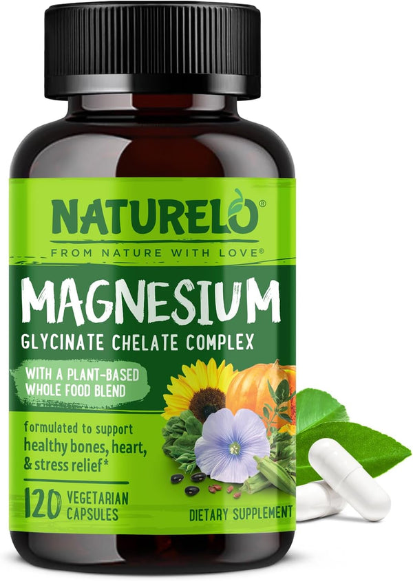 NATURELO Magnesium Glycinate Chelate Complex - 200 Mg Magnesium with Organic Vegetables to Support Sleep, Calm, Muscle Cramp & Stress Relief -