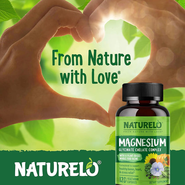 NATURELO Magnesium Glycinate Chelate Complex - 200 Mg Magnesium with Organic Vegetables to Support Sleep, Calm, Muscle Cramp & Stress Relief -