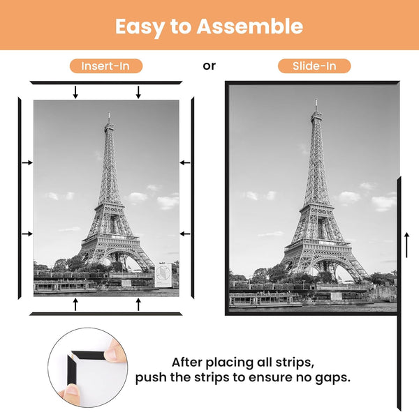 Upsimples 11X17 Picture Frame Black 3 Pack, Scratch-Proof 11 X 17 Poster Frames for Photo Gallery - Slide-In Strips, Horizontal or Vertical Wall