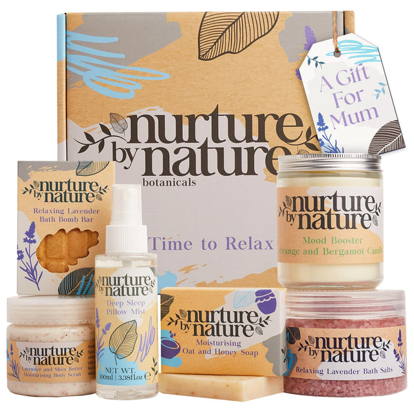 Nurture by Nature RELAX & CALM Spa Kit - Mothers Day Gifts - Spa Gift Baskets for Women, Complete Bath Sets for Women Gift - Lavender Pillow Mist,