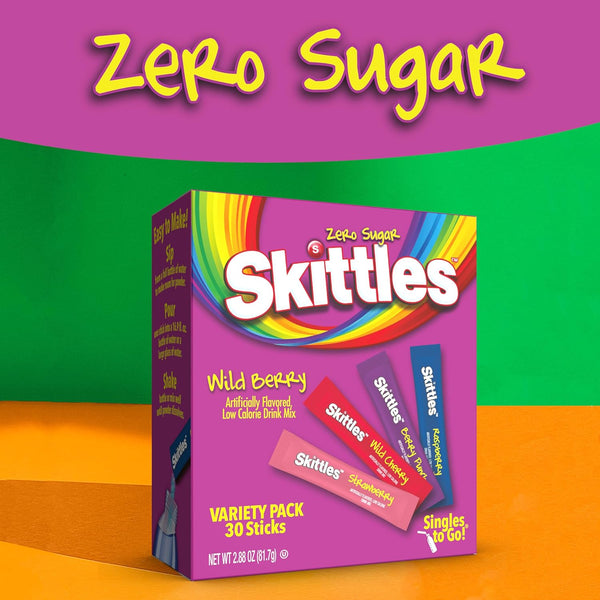 Skittles Singles to Go Wild Berry Variety Pack, Watertok Powdered Drink Mix, Zero Sugar, Low Calorie, Includes 4 Wild Berry Flavors, 1 Box (30