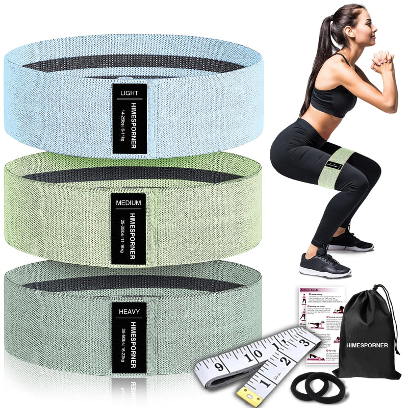 Wide Fabric Resistance Bands for Working Out, 3 Level Non-Slip Exercise Booty Bands for Women & Men Leg and Glutes with Hair Ties and Tape Measure