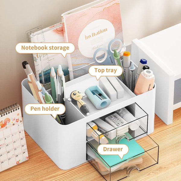 Marbrasse Pen Organizer with 2 Drawer, Multi-Functional Pencil Holder for Desk, Desk Organizers and Accessories with 5 Compartments + Drawer for