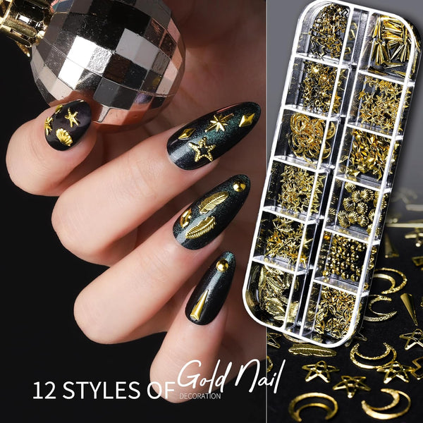 Teenitor Nail Charms Nail Art Kit with 15 Sheets Gold Nail Stickers, 6 Boxes of Nail Gems Nail Art Tools Nail Rhinestones for Nails, Nail Supplies