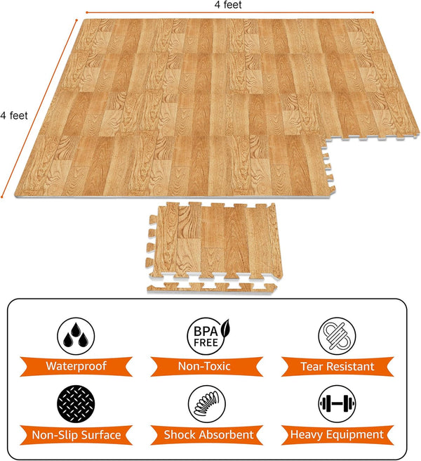 Sorbus Wood Grain Floor Mats Foam Interlocking Mats Each Tile 1 Square Foot 3/8-Inch Thick Flooring Wood Mat Tiles - Home Office Playroom Basement
