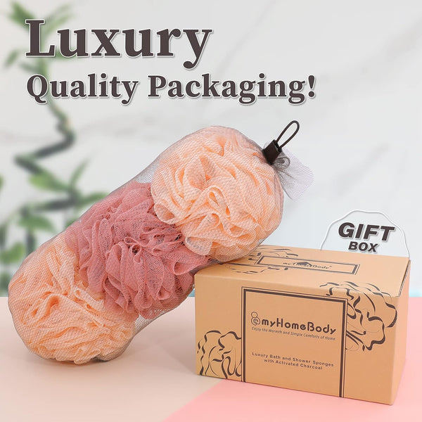 Myhomebody 60G Loofah Sponge, Body Scrubber, Bath Sponge, Loofah for Women, Men, Exfoliating Sponge Shower Pouf with Activated Charcoal - 2 Peach