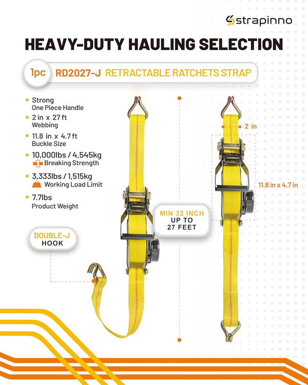 Strapinno Retractable Ratchet Tie-Down Strap - 2 in X 27 Ft Heavy-Duty Strap with Double J Hooks, Tangle-Free Webbing, 10,000 Lbs Breaking
