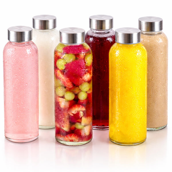 Brieftons Borosilicate Glass Water Bottles with Caps: Clear, 6 Pack, 18 Oz, Heat Resistant, Slim, Easy to Store, Leakproof Lids, Best as Reusable