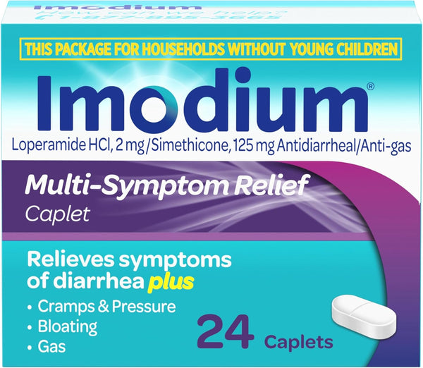 Imodium Multi-Symptom Relief Caplets with Loperamide Hydrochloride & Simethicone, Anti-Diarrheal Medicine for Treatment of Diarrhea, Gas,