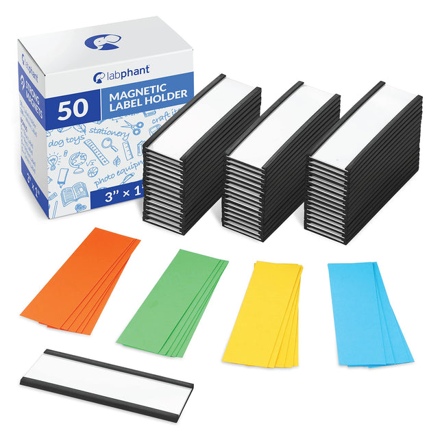 50 Pack "C" Channel Magnetic Label Holders 1X3 with 100 White Card Inserts, 50 Clear Plastic Protectors and Bonus 20 Col