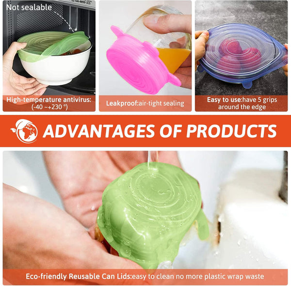BFONS 18 Pack Silicone Stretch Lids, 6 Different Sizes, 100% Safe Food Grade Silicone to Meet Most Container, Microwave Cover for Food Storage,