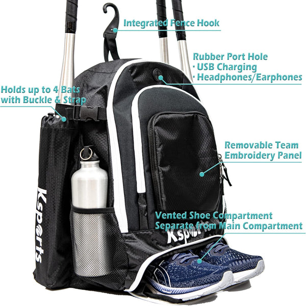 Ksports Baseball Backpack - Durable T-Ball & Softball Equipment Bag - Bat, Helmet, Glove, Gear Storage - Shoe Compartment & Fence Hook - Ideal for