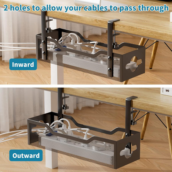 Under Desk Cable Management Tray No Drill, Metal Mesh Cable Management under Desk with Clamp Mount, 2 Hole Cable Tray with Wire Management and