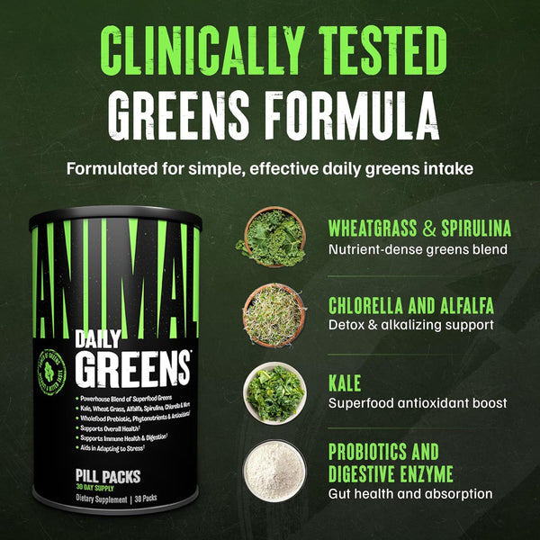 Animal Daily Greens Pill Packs - Kale, Wheat Grass, Alfalfa & More - Convenient Prebiotic and Probiotic Superfood Blend for Superior Digestion,