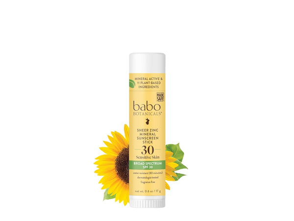 Babo Botanicals Sheer Zinc Mineral Sunscreen Sport Stick SPF30- Natural Zinc Oxide- Shea Butter- Fragrance-Free - Water Resistant - Made Safe