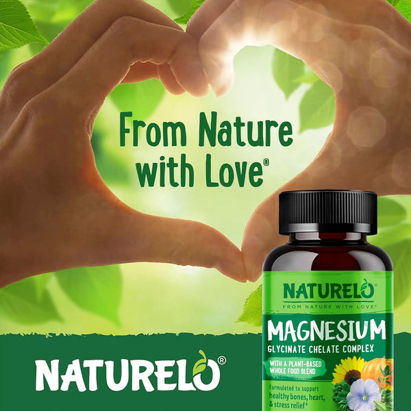 NATURELO Magnesium Glycinate Chelate Complex - 200 Mg Magnesium with Organic Vegetables to Support Sleep, Calm, Muscle Cramp & Stress Relief -