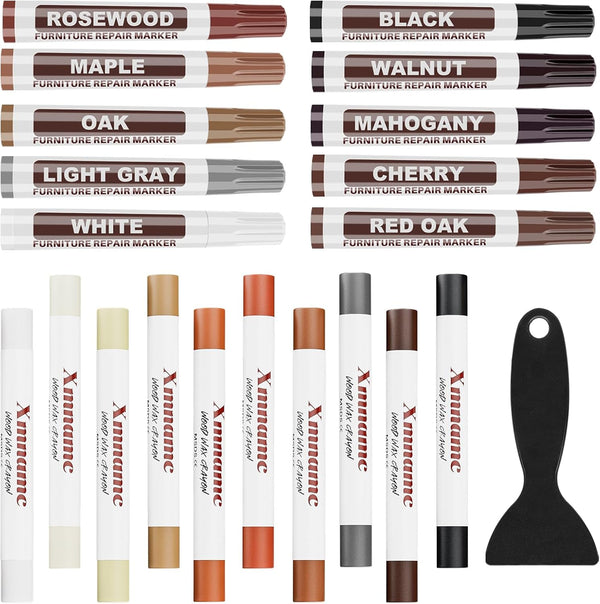 Wood Furniture Repair Kit - Set of 21 Furniture Markers Wood Filler Sticks Wood Scratch Repair Kit Remove Any Scratches, Scuffs, Cracks and Nail