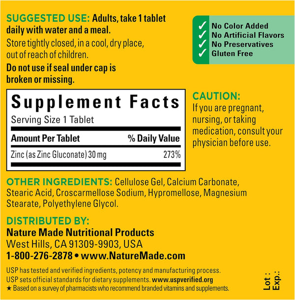 Nature Made Zinc 30 Mg, Dietary Supplement for Immune Health and Antioxidant Support, 100 Tablets, 100 Day Supply