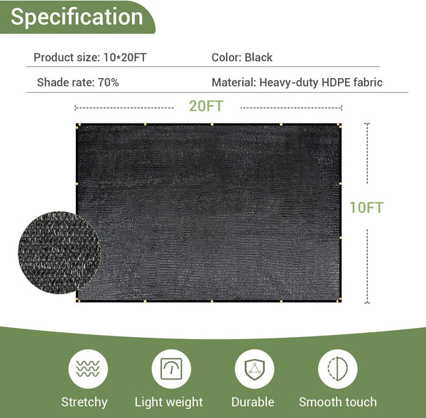 70% Garden Shade Cloth, 10X20Ft HDPE Mesh Tarp with Upgraded Grommets, Keten Uv-Resistant Outdoor Sun Shades for Greenhouse, Garden, Patio Plants,