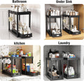 2PC under Sink Organizer Rack 2 Tier under Sliding Cabinet Basket Organizer Drawer with 4 Hooks, Multi-Purpose under Sink Storage for Bathroom