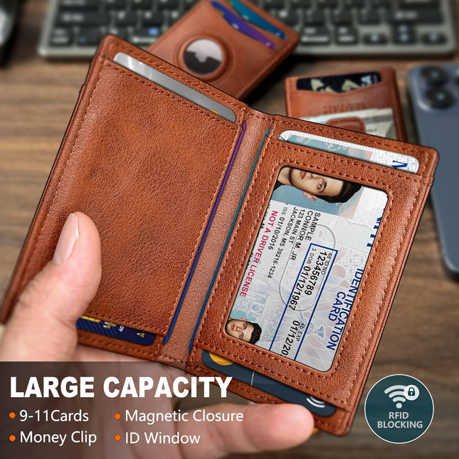 Airtag Wallet for Men- with Money Clip Gift Boxed, Magnetic Closure Slim Genuine Leather Front Pocket Wallet, 3.9"X 2.7"