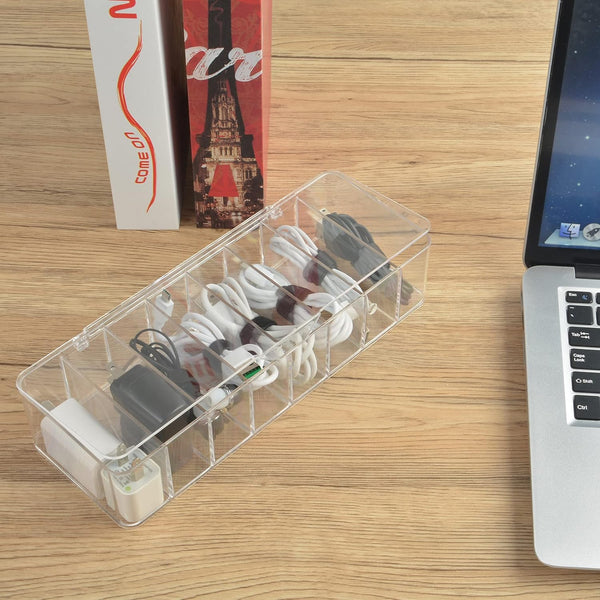 Electronics Organizer 7 Sections Clear Acrylic Cable Storage Bin Box Cord Holder with 20 PCS Reusable Fastening Fabric Cable Ties Straps Cord