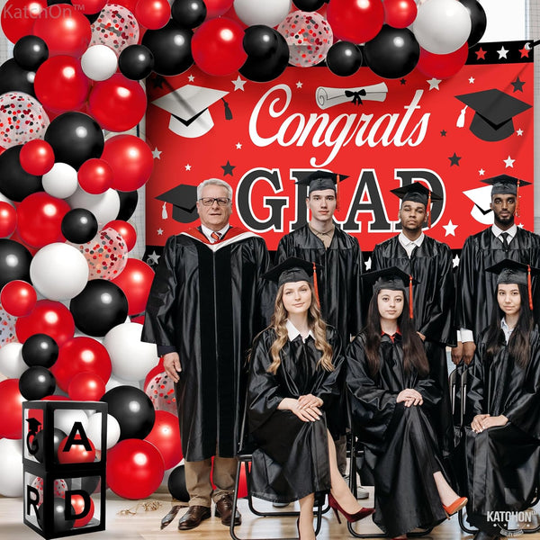 Katchon, Graduation Decorations Class of 2025 Red and Black - Huge, Pack of 76 | Congrats Grad Banner and Graduation Boxes 2025 | Red Balloon Arch