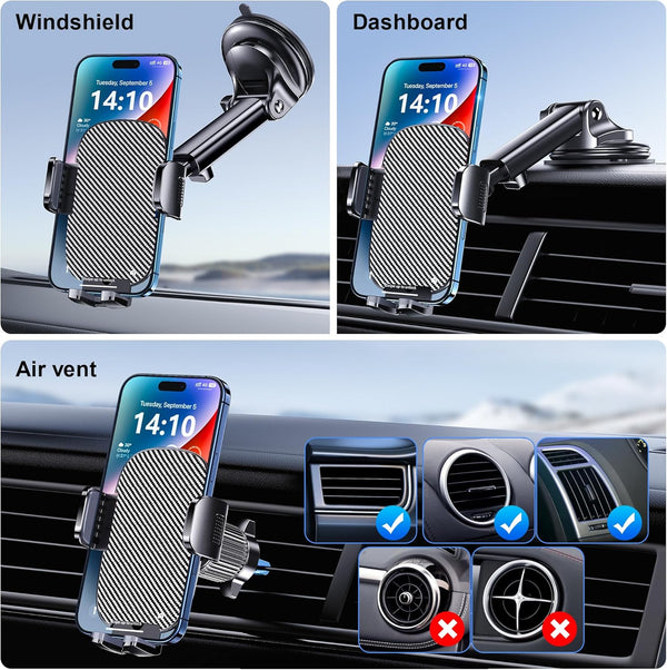Phone Holder Car Mount for Iphone [Powerful Suction] Phone Mount for Car Dashboard Windshield Air Vent Universal Accessories [Thick Cases