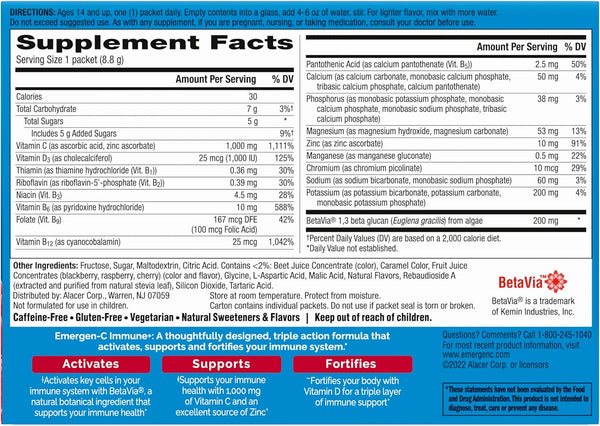 Emergen-C Immune+ Triple Action Immune Support Powder, Betavia (R), 1000Mg Vitamin C, B Vitamins, Vitamin D and Antioxidants, Raspberry â 30 Count