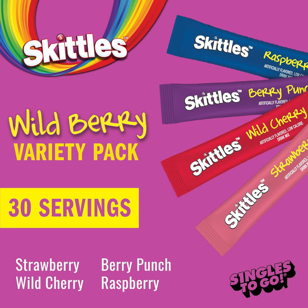 Skittles Singles to Go Wild Berry Variety Pack, Watertok Powdered Drink Mix, Zero Sugar, Low Calorie, Includes 4 Wild Berry Flavors, 1 Box (30