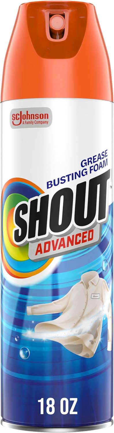 Shout Advanced Grease Busting Foam, Laundry Stain Remover, Oil and Grease Stain Remover for Clothes Laundry; Works on Motor Oil, Bike Grease,